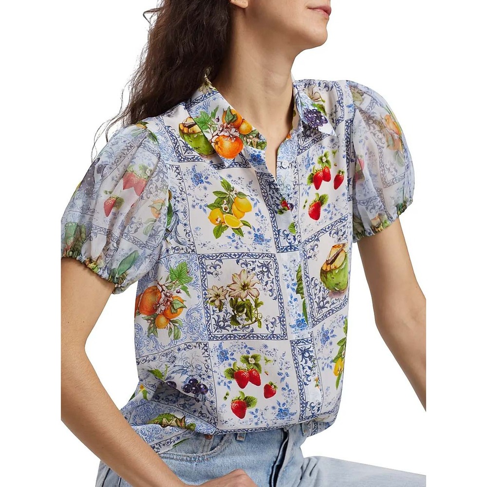 Alice + Olivia Willa Silk Puff Sleeve Blouse Fruit Market - Picture 4 of 16